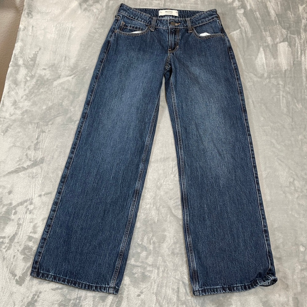 Hollister Womens Low-Rise Baggy Jeans Dark Wash W25 Regular Wide Leg Y2K Skater